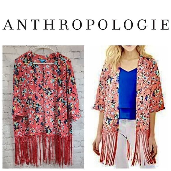 Anthropologie Nanette Lepore Coral Floral Fringe Kimono L’Amour Large Anthro - Picture 4 of 8